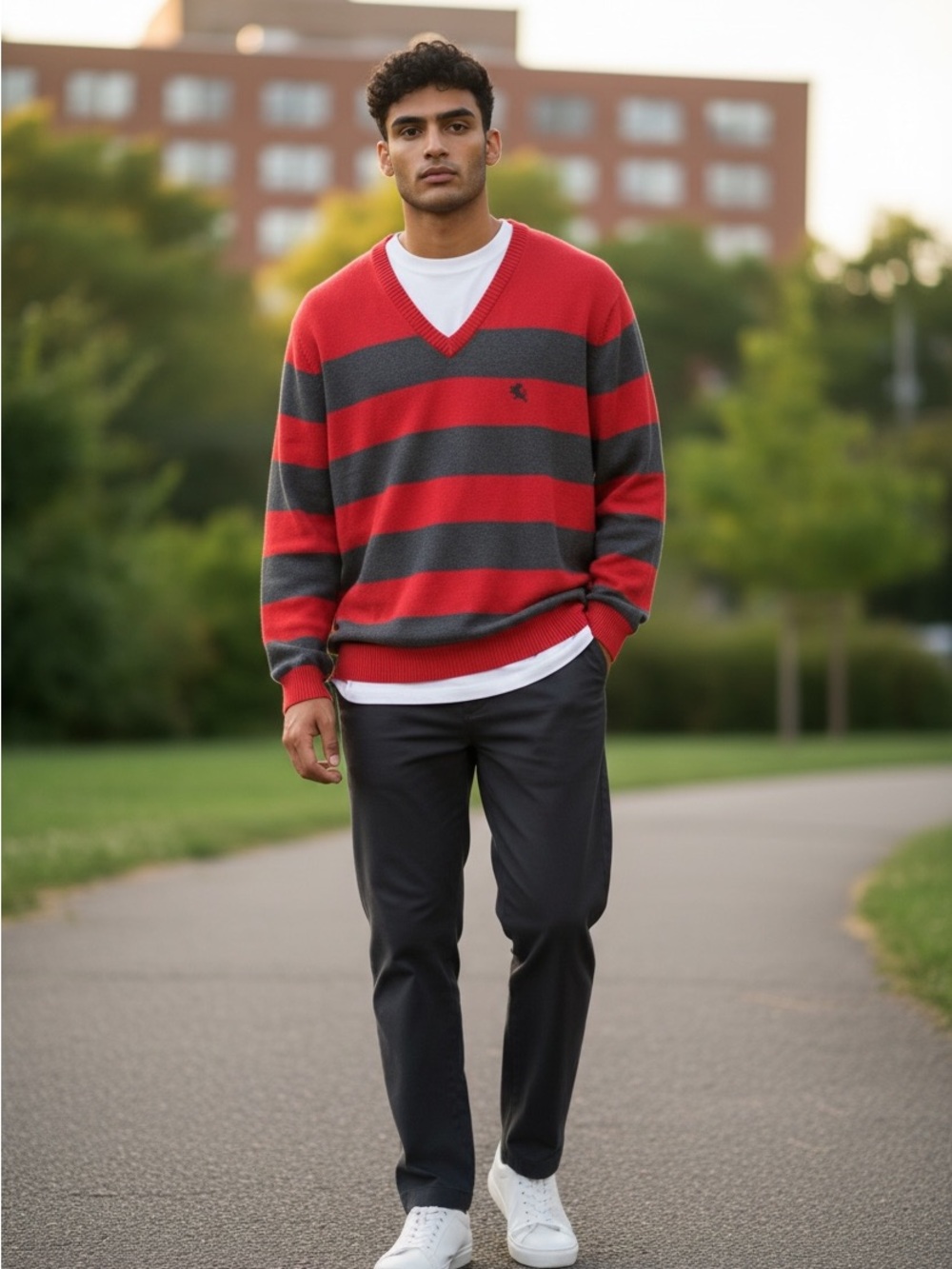 Express Red and Charcoal Striped V-Neck Sweater